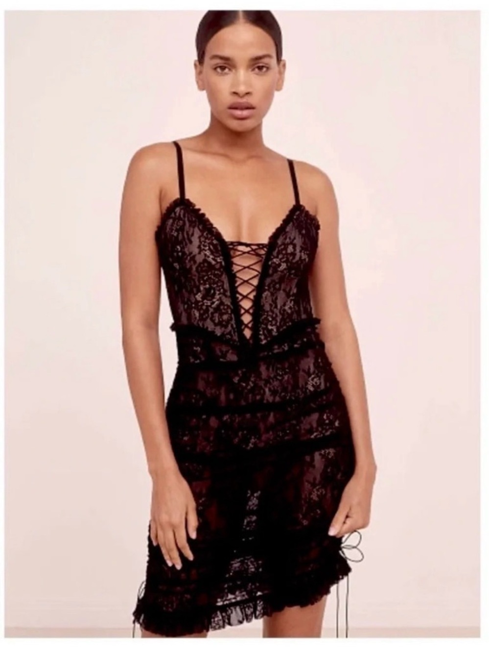 For Love And Lemons Gracie Lace Slip Dress Black Sheer Dark Romantic Corset S